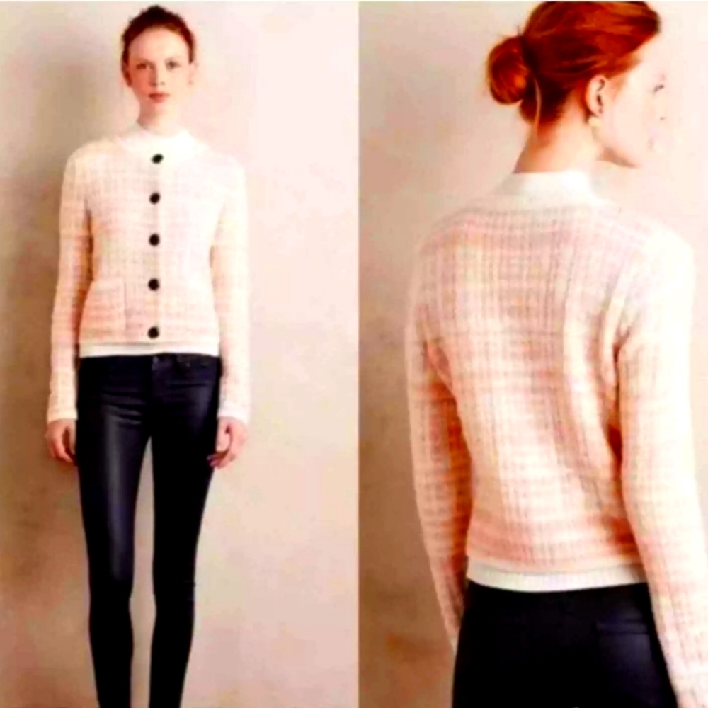 Anthropologie Knitted & Knotted Pink Cream Knit Cotton Wool Plaid Cardigan M